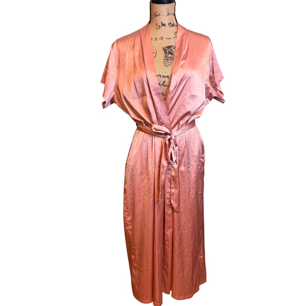 Hotouch Pink Satin Long Wrap Robe Kimono Short Sleeve Pockets Medium
